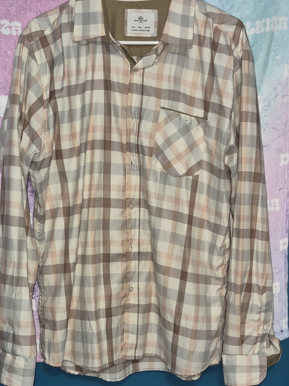 Easy Flow Men's Long-Sleeve Plaid Button-Down Shirt in Beige and Brown